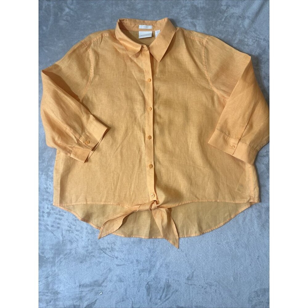 Chico’s Button Up Tip Up Blouse 100% Linen Orange Size 3 - Picture 6 of 10